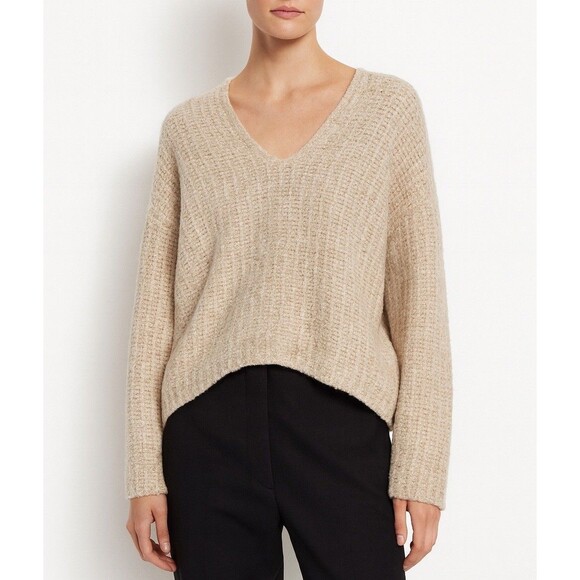 Vince Women Medium Sweater V Neck Chunky Knit Neutral Textured Cashmere Beige - Picture 1 of 9